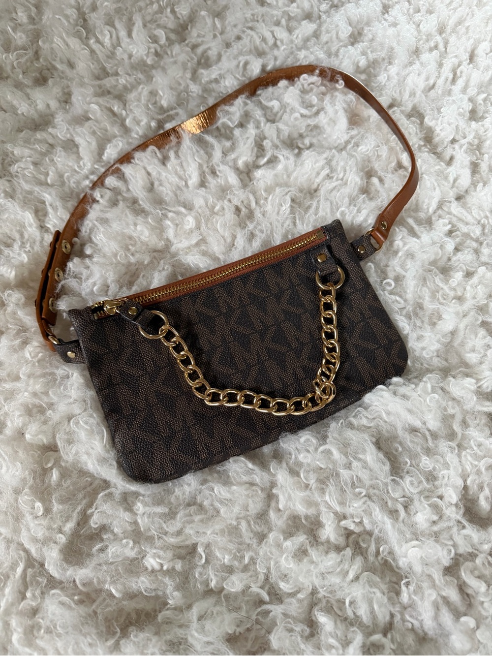 Michael Kors Brown Logo Mini Bag with Gold Chain Accent